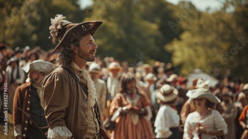 Historical Reenactment: Illustrate a detailed historical reenactment with participants in period costumes, historical landmarks, and engaging activities