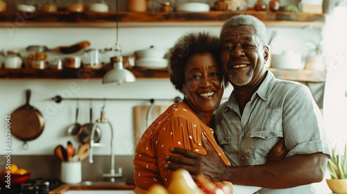 A joyful elderly couple embracing and smiling in a cozy kitchen filled with various kitchenware and utensils.