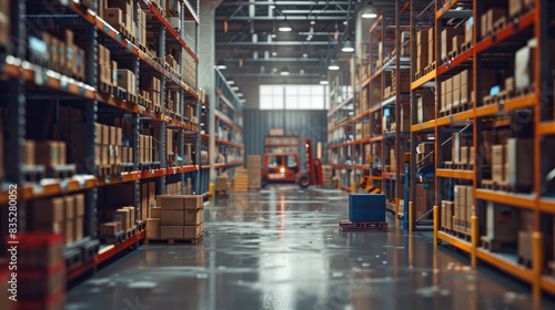 Retail warehouse full of shelves with goods in cartons  with pallets and forklifts. Logistics and transportation blurred background. Product distribution center.