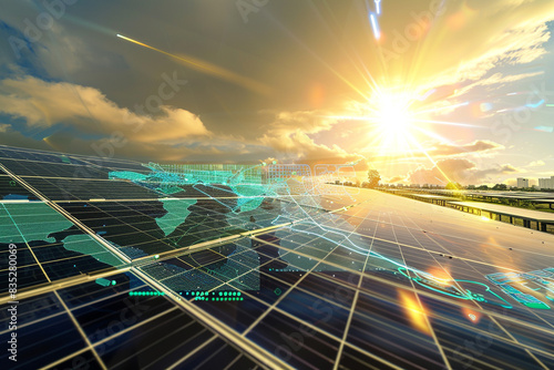Double exposure of an array of solar panels under the bright sun, blending with a digital map of energy grids, to illustrate how AI and big data optimize renewable energy distribution.
