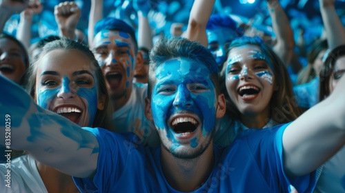 Sports stadium event: Fans cheer for the blue soccer team, celebrate goal and championship victory. Friends with painted faces have emotional fun.
