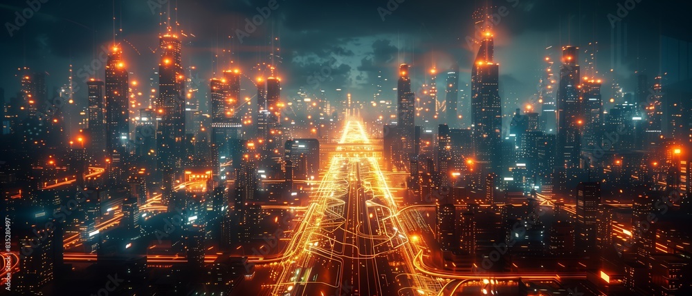 Fototapeta premium A futuristic cityscape with illuminated skyscrapers and digital light trails