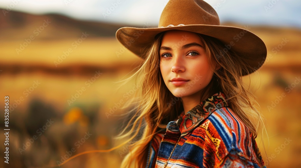 Portrait of a young woman wearing a cowboy hat and colorful jacket, standing in a golden field with mountains in the background.