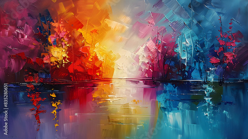 Fototapeta Naklejka Na Ścianę i Meble -  Abstract Expressionist Oil Painting in Warm Tones
 Decorative abstract oil paintings, wall art paint, landscape paintings, line art, modern art paints, paint strokes, knives. Wall art, large strokes, 