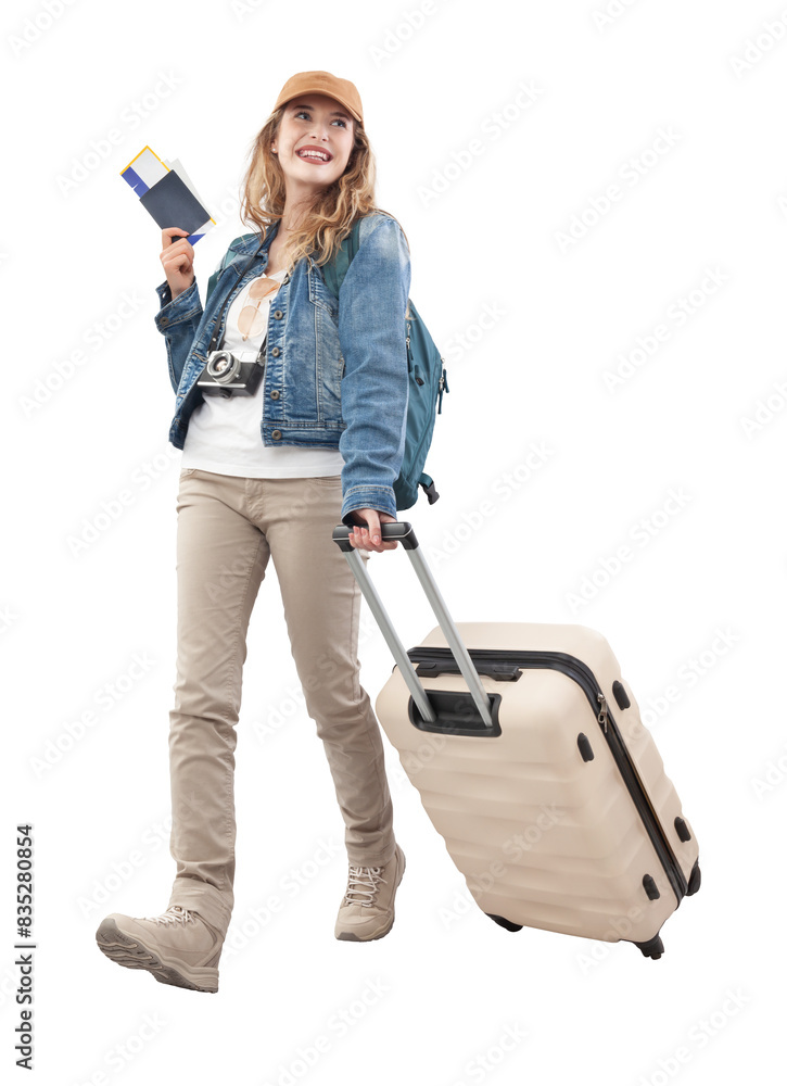 Φωτογραφία Happy young smiling woman tourist traveling with trolley suitcase and showing passport and ticket, walking isolated on white background