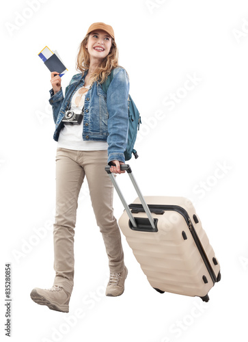 Bild auf Leinwand Happy young smiling woman tourist traveling with trolley suitcase and showing passport and ticket, walking isolated on white background