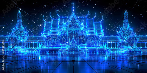 Futuristic Digital Temple with Neon Blue Lights and Starry Background, High-Tech Architecture, Glowing Lines, and Modern Design Elements