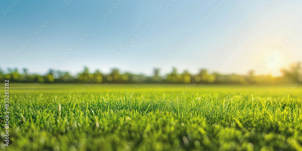Panoramic summer landscape with a well-groomed green lawn. Lush, vibrant grass extends throughout the landscape, creating a pristine and serene appearance. Modern summer banner