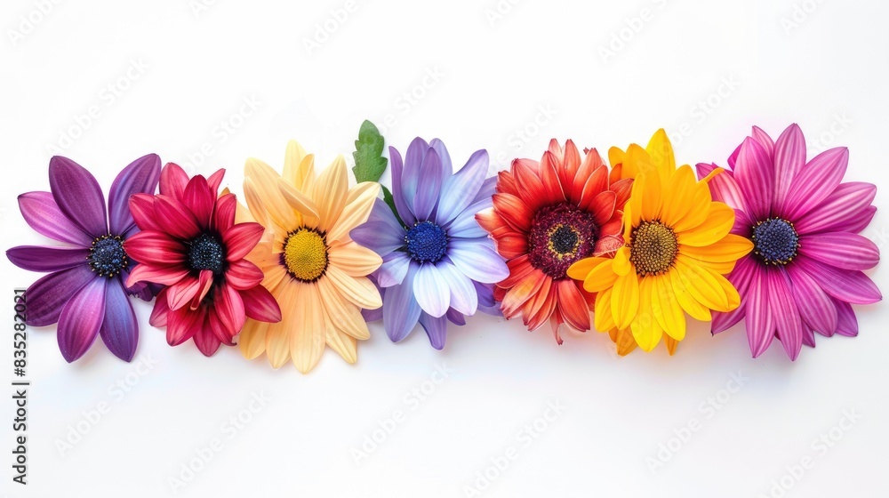 An artistic arrangement of assorted daisies in rainbow colors, placed against a white background An artistic arrangement of assorted daisies in rainbow colors, placed against a white background