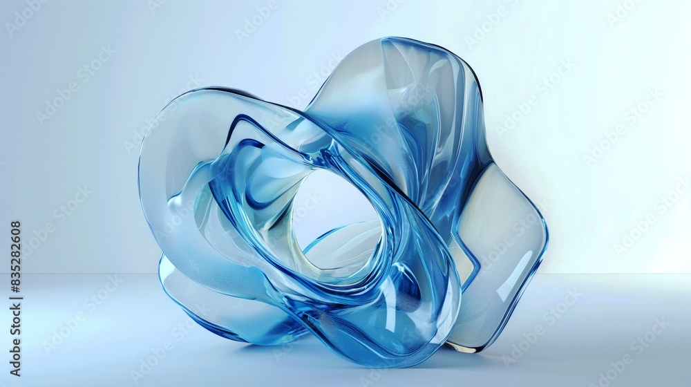 Abstract blue glass sculpture with fluid, twisting shapes on a light background. Abstract blue glass sculpture with fluid, twisting shapes on a light background.