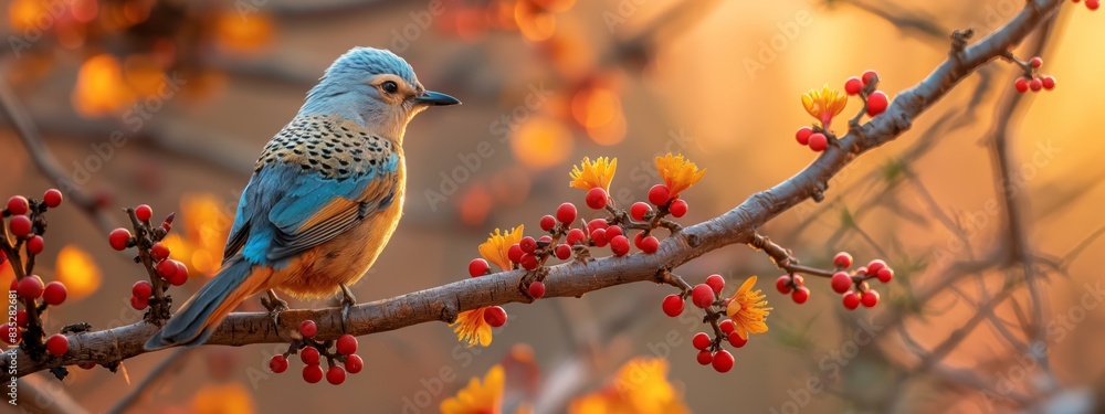cute bird in autumn forest with crisp brown leaves and bokeh light with copy space cute bird in autumn forest with crisp brown leaves and bokeh light with copy space