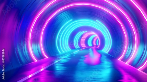A futuristic tunnel illuminated with vibrant neon lights in shades of blue and pink  creating a glowing and reflective pathway.
