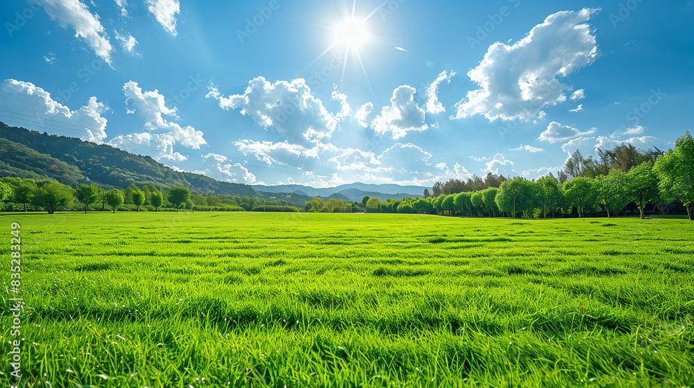 Fototapeta premium Lush Green Field Under a Bright Blue Sky - Generative AI