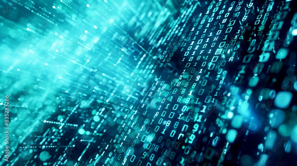 Abstract digital technology background with binary code and matrix-like glowing elements in shades of blue and green, depicting data streams and information flow. Abstract digital technology background with binary code and matrix-like glowing elements in shades of blue and green, depicting data streams and information flow.
