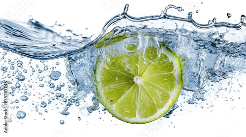 Lime and water splash isolated on white background