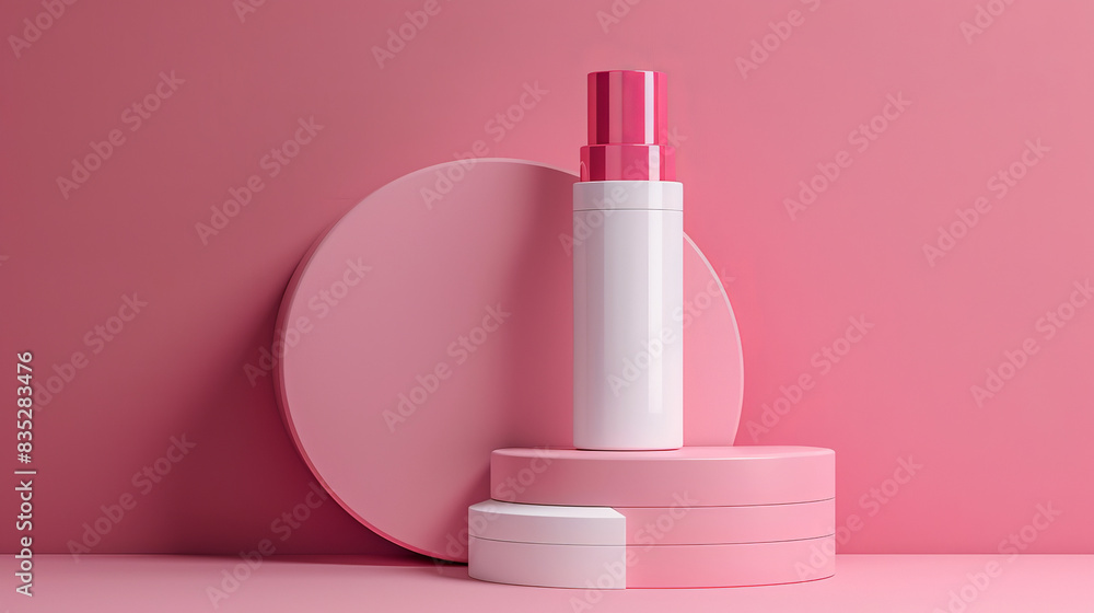 A bottle of perfume is displayed on a pink background A bottle of perfume is displayed on a pink background