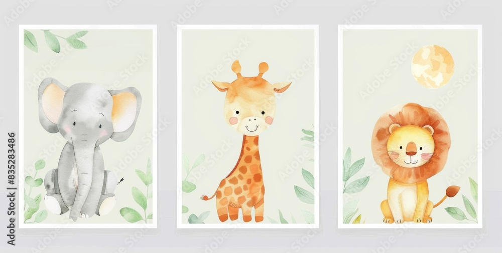 Trio of cute elephant, giraffe, and lion illustrations in soft watercolor style, perfect for nursery decor
