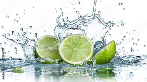 Lime and water splash isolated on white background