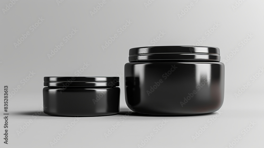 Two jars of black plastic sit on a table Two jars of black plastic sit on a table