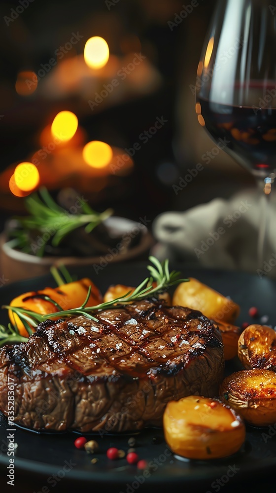 Closeup of a delicious steak meal with a glass of wine, restaurant setting, evening ambiance, AIgenerated Closeup of a delicious steak meal with a glass of wine, restaurant setting, evening ambiance, AIgenerated