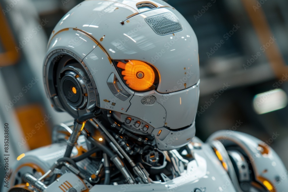 Intricate detail of a robot's head with a glowing orange eye, evoking high-tech innovation Intricate detail of a robot's head with a glowing orange eye, evoking high-tech innovation
