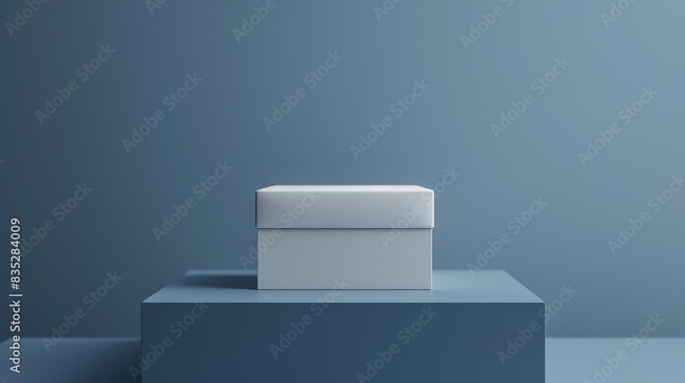 A white box is sitting on a blue pedestal A white box is sitting on a blue pedestal