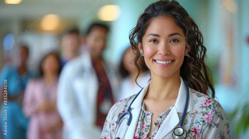 Fototapeta premium Cheerful female doctor standing with colleagues in a hospital