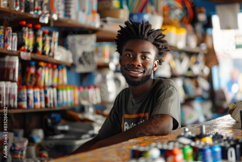 Cheerful young man with a friendly smile in a workshop