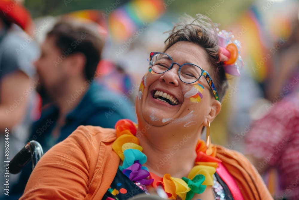 An individual with a vibrant outfit is part of a festive crowd, face blurred for anonymity An individual with a vibrant outfit is part of a festive crowd, face blurred for anonymity