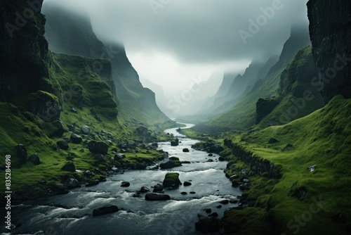 A winding river flows through a lush green valley  shrouded in mist