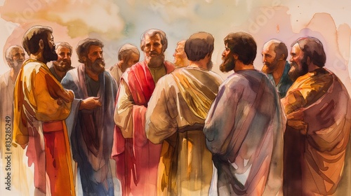 Watercolor illustration of a group of men in traditional robes, standing and conversing outdoors under a partly cloudy sky. photo