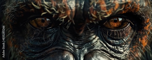 Macro shot of an orangutan's face, emphasizing texture, detail, and emotion. photo