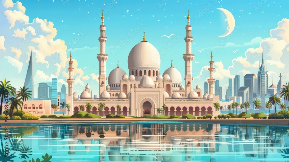 Obraz premium Mosque wallpaper and building for worship in Islam with architecture or temple