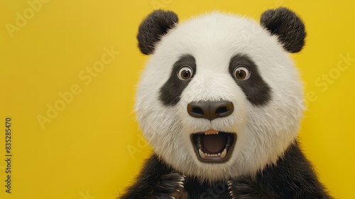 Panda looking surprised, reacting amazed, impressed, standing over yellow background © Business Pics