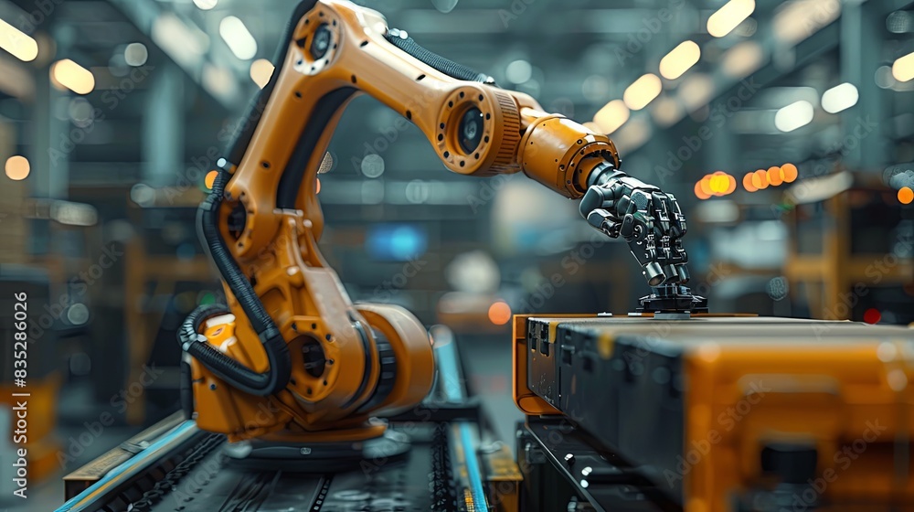 Robotic Arm for Packing in Modern Logistics System. Ultra HD 8K Resolution Image Showcasing Detailed, Elegant, and Accurate Design Elements for Efficient Production and Maintenance in Logistics. Robotic Arm for Packing in Modern Logistics System. Ultra HD 8K Resolution Image Showcasing Detailed, Elegant, and Accurate Design Elements for Efficient Production and Maintenance in Logistics.