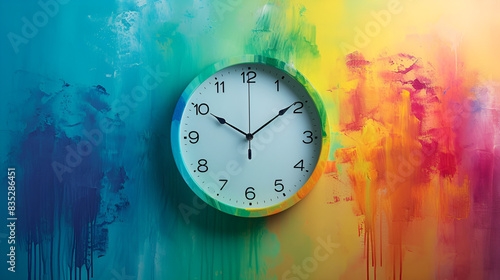 Wallpaper Mural Clock on wall with rainbow paint splatter. Torontodigital.ca