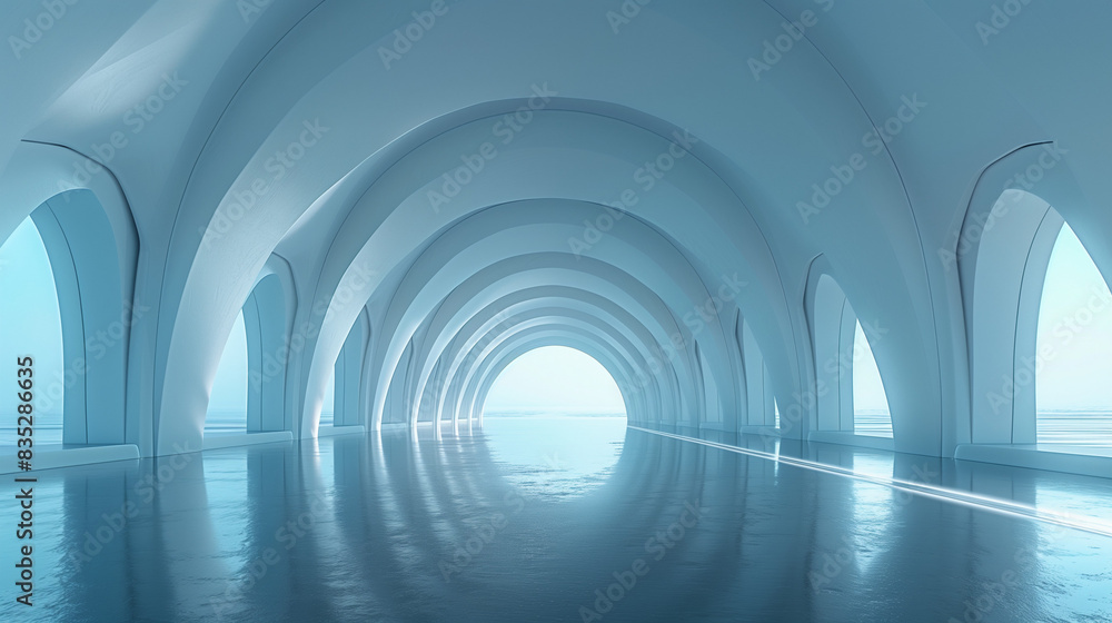 Fototapeta premium Futuristic Arched Hallway with Reflective Floor - Generative AI