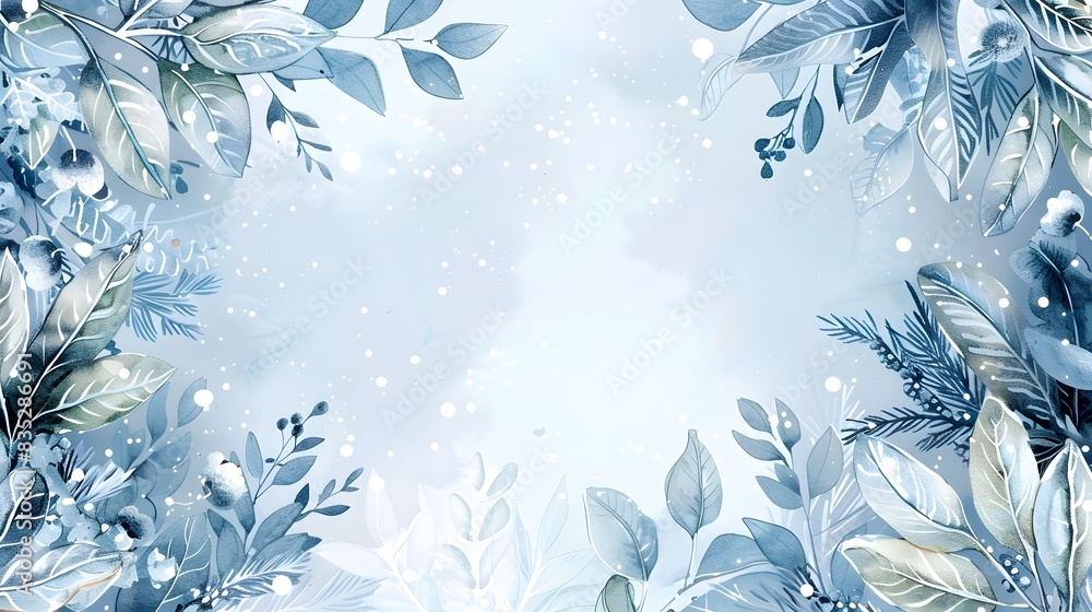 Fototapeta premium Illustrate a wedding invitation design template with a winter wonderland theme. The background should be a soft, icy blue with white snowflakes and subtle sparkles creating a magical effect. Include