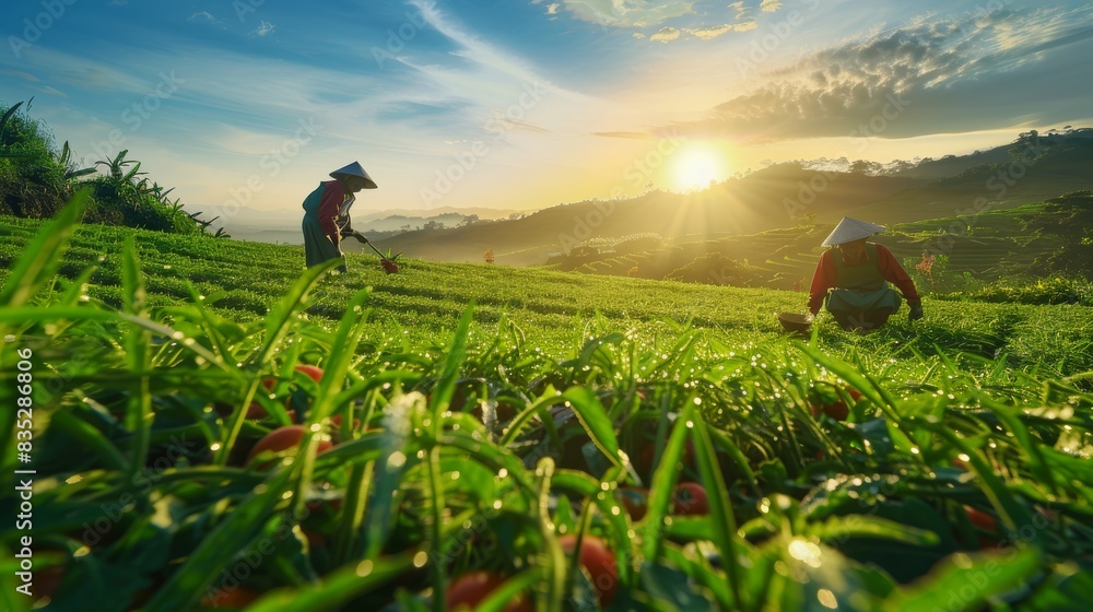 Fototapeta premium Farmers in traditional hats work in lush green fields at sunrise, with a stunning landscape and morning dew highlighting agricultural life. 