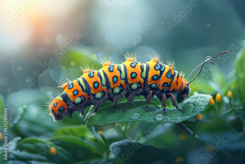 A caterpillar turning into a butterfly. Concept of metamorphosis and growth. Generative Ai. © Sebastian