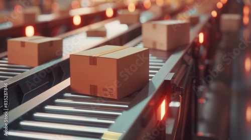 Closeup of multiple cardboard box packages seamlessly moving along a conveyor belt in a warehouse fulfillment center, a snapshot of e-commerce, delivery, automation and products.