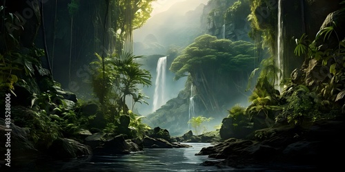 Tropical paradise Remote oasis with lush greenery  cascading waterfalls  and ethereal mist. Concept Tropical Oasis  Lush Greenery  Waterfalls  Ethereal Mist
