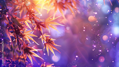 A background of sparkling stars and colorful leaves, with bamboo branches in the top left corner. The background is a purple gradient.