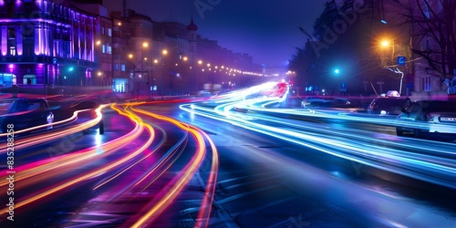 Speeding Cars Illuminate Cityscape with Light Streaks at Night. Concept Night Photography, Light Trails, Urban Landscapes, Car Light Photography, Cityscape Photography