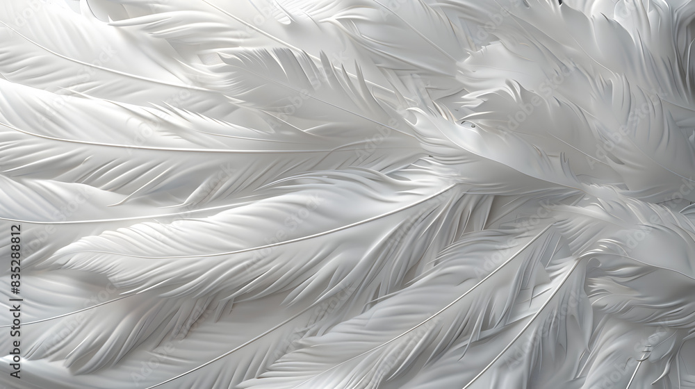 Dense background of white feathers. Close up texture of white swan feather or angel wing. Bird plumage. Copy space. High resolution. human enhanced