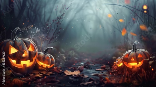spooky halloween illustration for kids carwed pumpkins and copy space in the middle © Business Pics