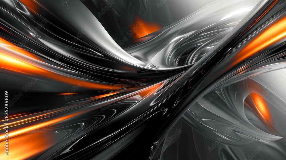 Abstract digital art with swirling black, silver and orange lines.