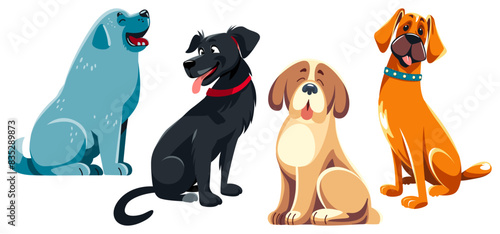 Four cartoon dogs in row, blue Newfoundland, black Labrador Retriever, Saint Bernard, orange Boxer