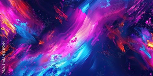 Vibrant brushstrokes of neon hues colliding in a symphony of movement, creating an electrifying and dynamic abstract celebration texture background. photo