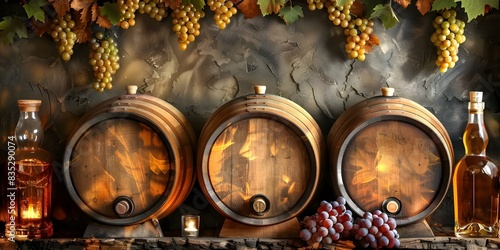 Preserving Vintage Wine and Whiskey in an Old Wine Cellar with Grape and Oak Barrels. Concept Wine Preservation, Whiskey Aging, Vintage Cellar, Grape Barrels, Oak Barrels